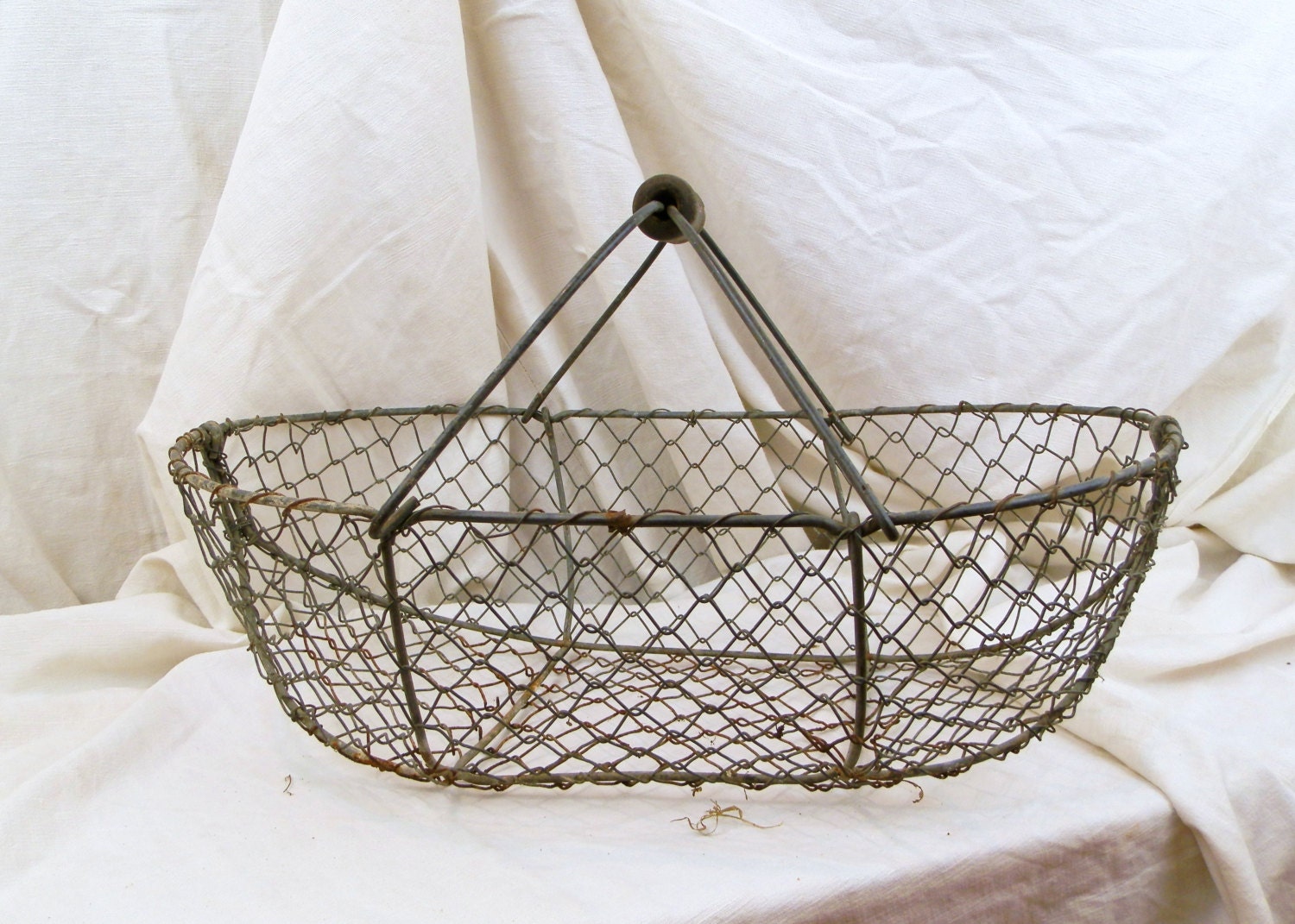 Large Vintage French Woven Wire Basket with a Wooden Handle