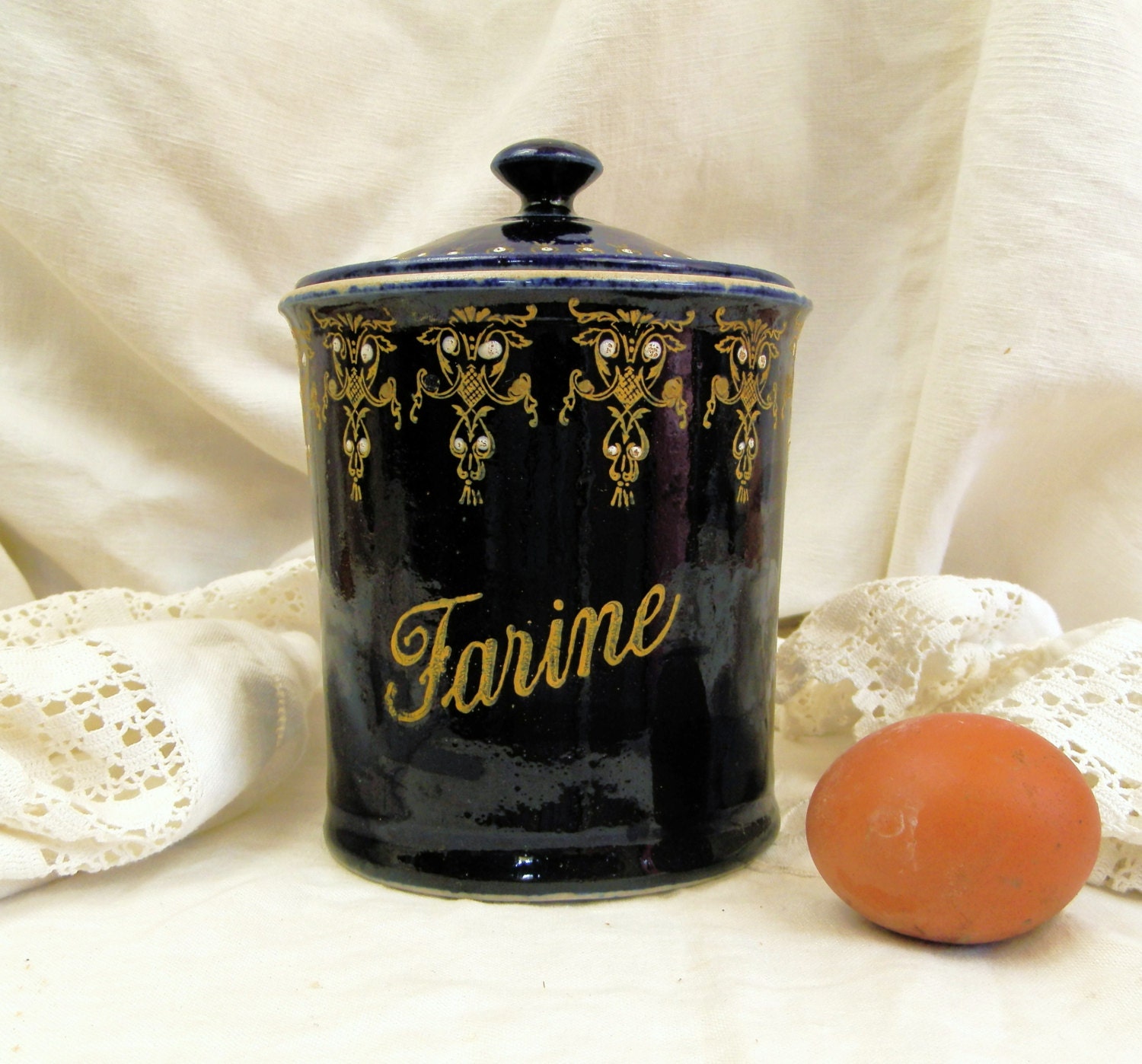 Antique French Art Nouveau Ceramic Canister for Flour / French Country