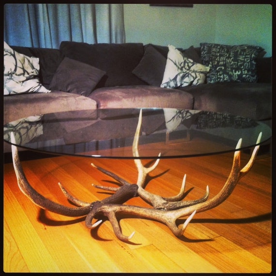naturally shed deer antler & round glass coffee table