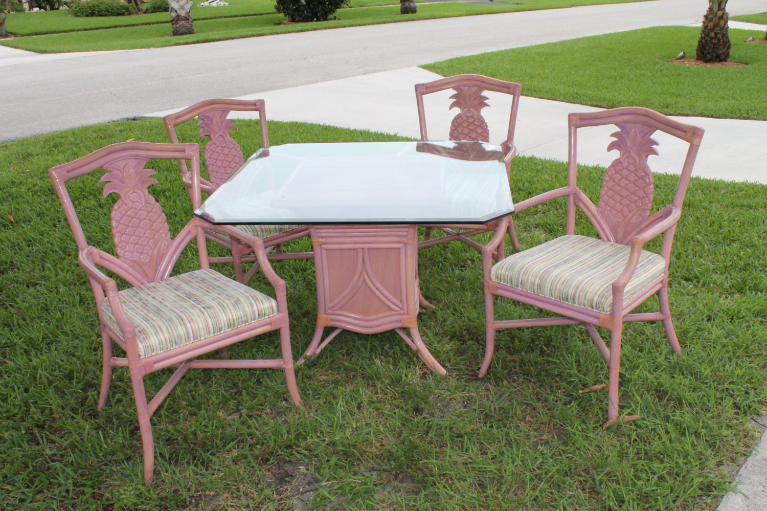 Vintage Pineapple Rattan Wood Dining Chairs Table by feelinvintage