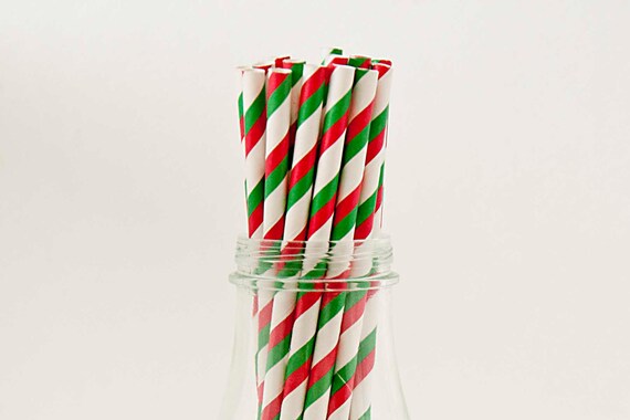 25 Red and Green Striped Paper Straws Retro Vintage Style, Wedding Birthday Bridal Shower W/ Printable Flags, Christmas Wedding, Christmas Il_570xn