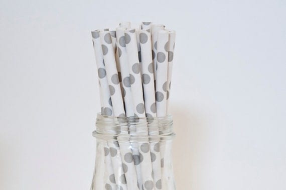 Set of 25 Gray Polka Dot Paper Straws with FREE DIY Printable Flags Il_570xn