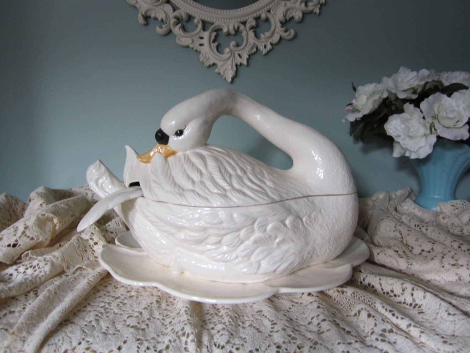 RESERVED Ceramic Swan Soup Tureen Vintage handmade
