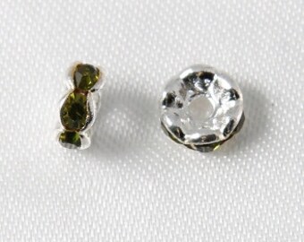10 pcs - 6mm Rhinestone Rondelles Silver With Olivine Green