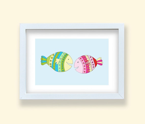 Fish art print illustration colorful fishes pair of fishes