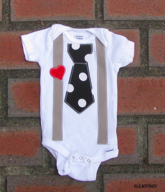 Valentines Day Suspenders Tie And Heart Onesie