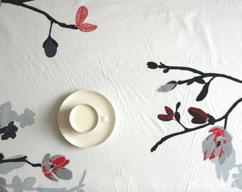 Tablecloth white grey red flowers tree , also napkins , table runner , pillow cover , curtains available, great GIFT