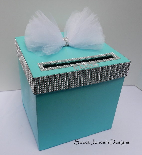 Tiffany Blue  Wedding Card Box Bling Mesh Ribbon Money Holder Advice Box Baby Shower Sweet Sixteen