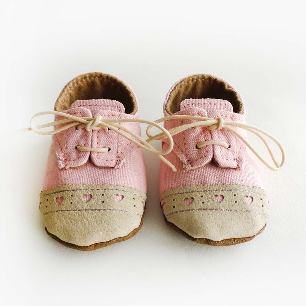 Baby Girl Shoes Baby Pink Canvas with Brogued Beige Leather