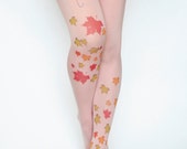 Autumn Leaves Pink Pantyhose Tights,Red Green Yellow Print Umbrella Leggings, Tattoo Tights, Pantyhose Handmade Printed Tights