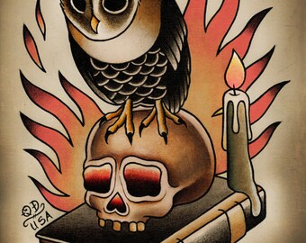 Owl and Skull Traditional Tattoo Print