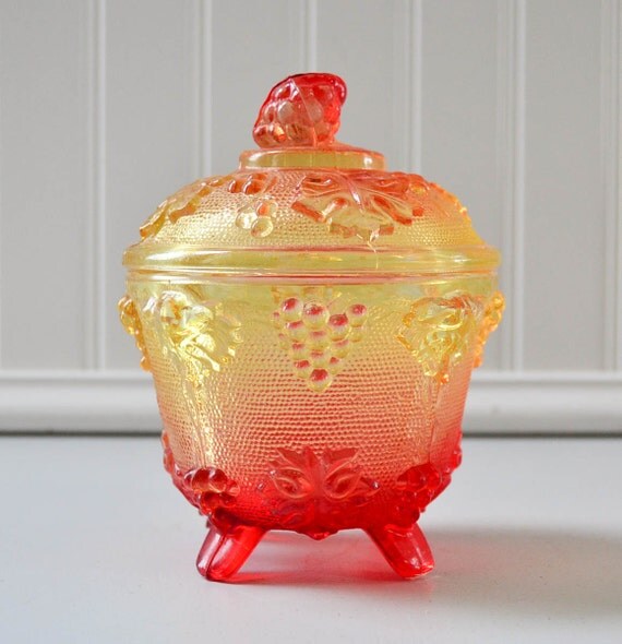 Vintage Glass Candy Dish with Lid Orange Red and Yellow