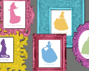 Disney Princess Silhouette Wall Art 12 8x10 prints with Song Titles - Digital File Download or Printed