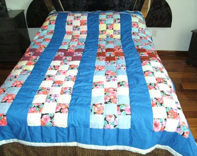 Sale: Blue Flower Nine Patch Bed Quilt or Bed Cover that will fix a full size bed