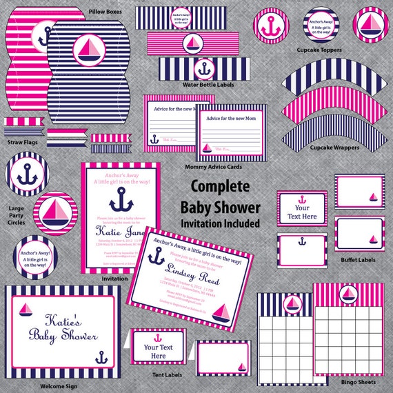 bingo nautical shower baby free Complete  Nautical INVITATION Baby Navy and  Shower     Pink Set