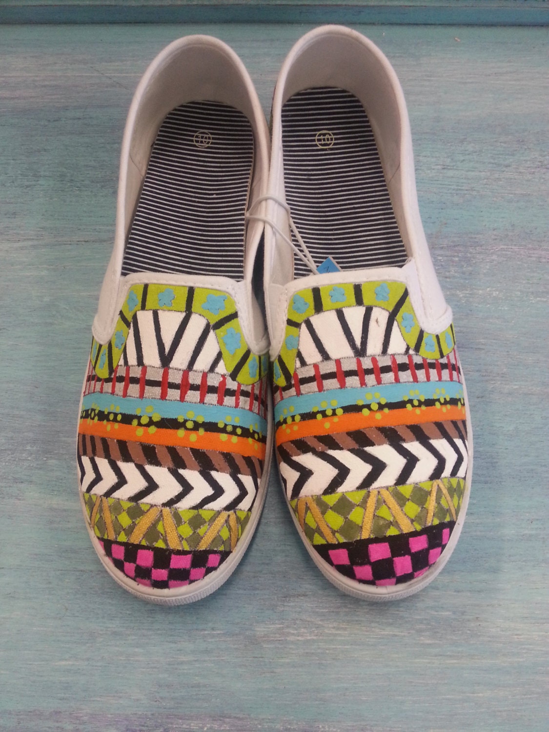 Fun & Funky Hand Painted Striped Decorated Womens Canvas Flats