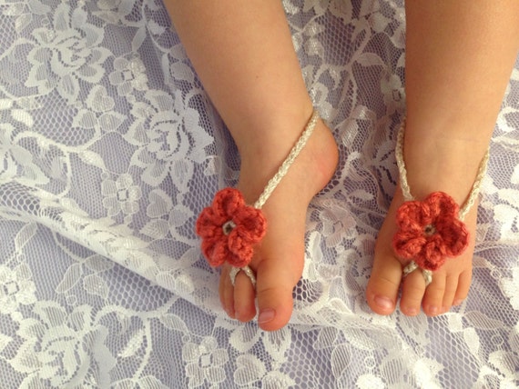 Orange Summer Baby Barefoot Sandals by BellusThreads on Etsy