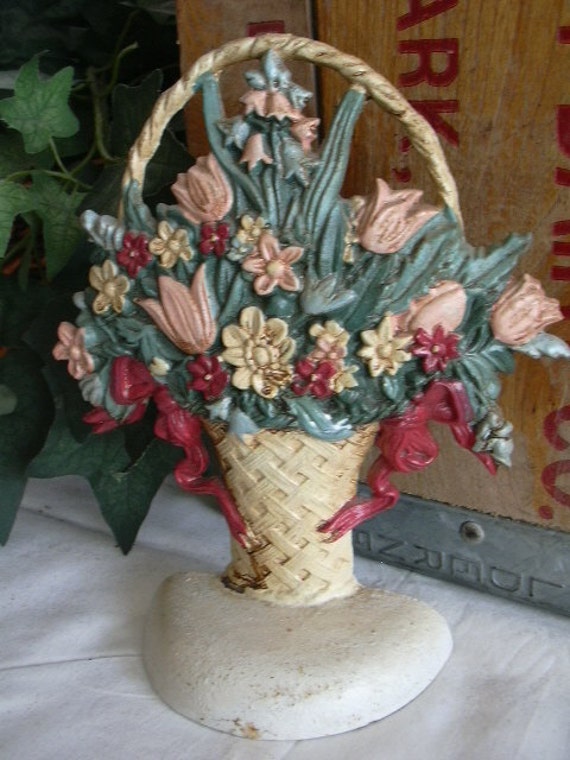 vintage flower basket door stop in cast iron french