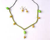 Green Woven Leather -Chartruese & Gold Bead Drops-  Link Chain Choker -Black Nylon Cord-Matching Earrings, Elegant ensemble
