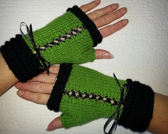 Handknitted green color with black accent color women fingerless gloves / wrist warmers Victorian style