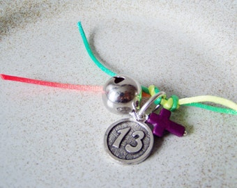 Lucky 13 key chain part, coin shaped charm with coral cross and metal bell
