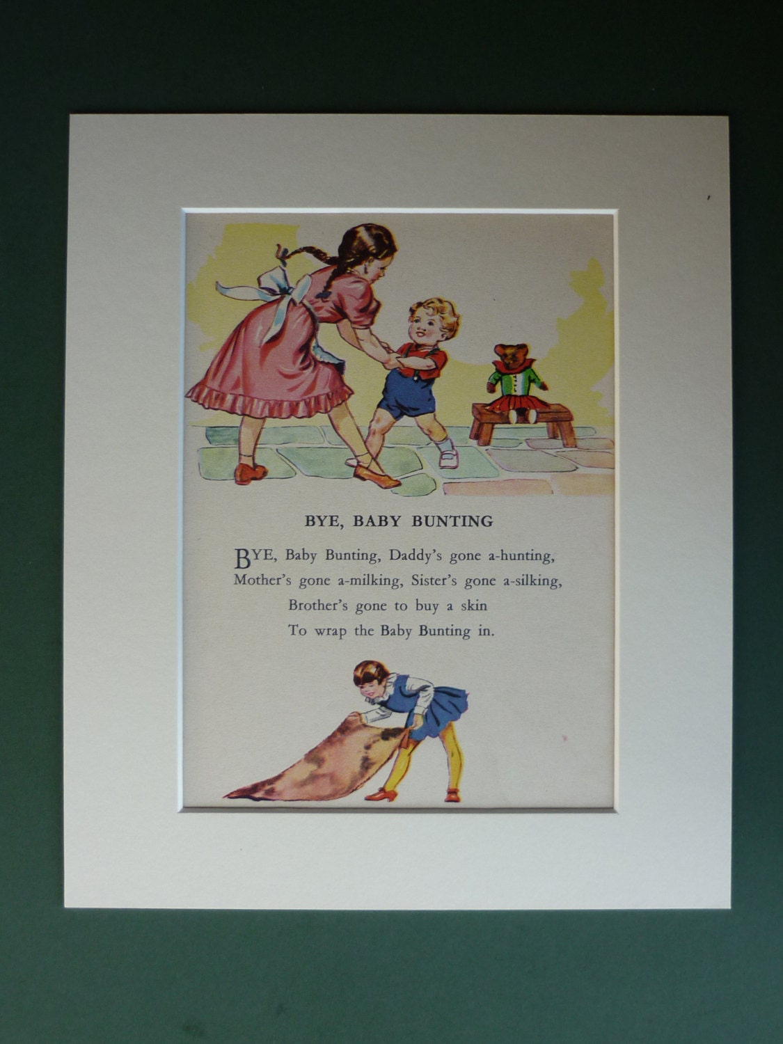 Vintage 1950s Matted Nursery Rhyme Print Baby Bunting Song