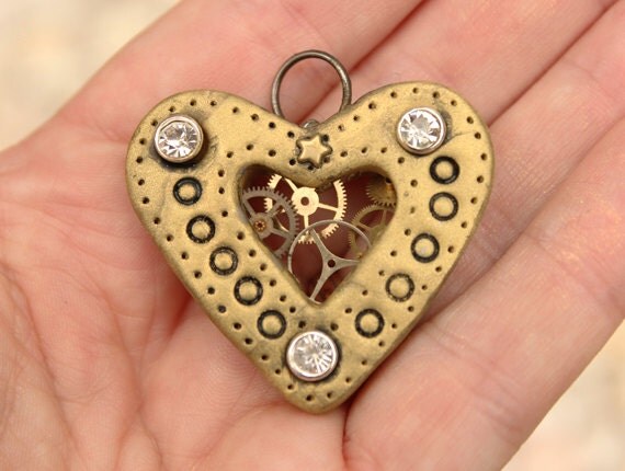 Heart Pendant Steampunk Metal Watch Gears Polymer Clay with Crystals by SteamTreasures steampunk buy now online