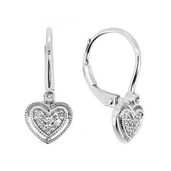 Fancy Diamond Heart Dangle Drop Earrings 14k White Gold