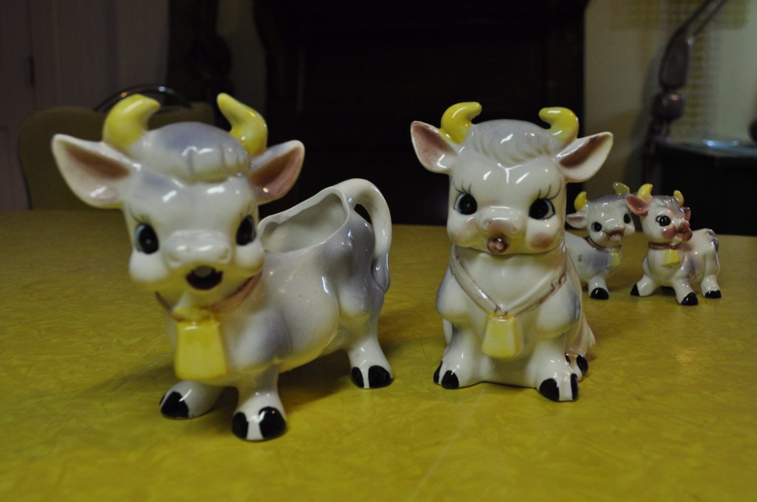 Bovine Family Cow Creamer and Bull Sugar Bowl with little