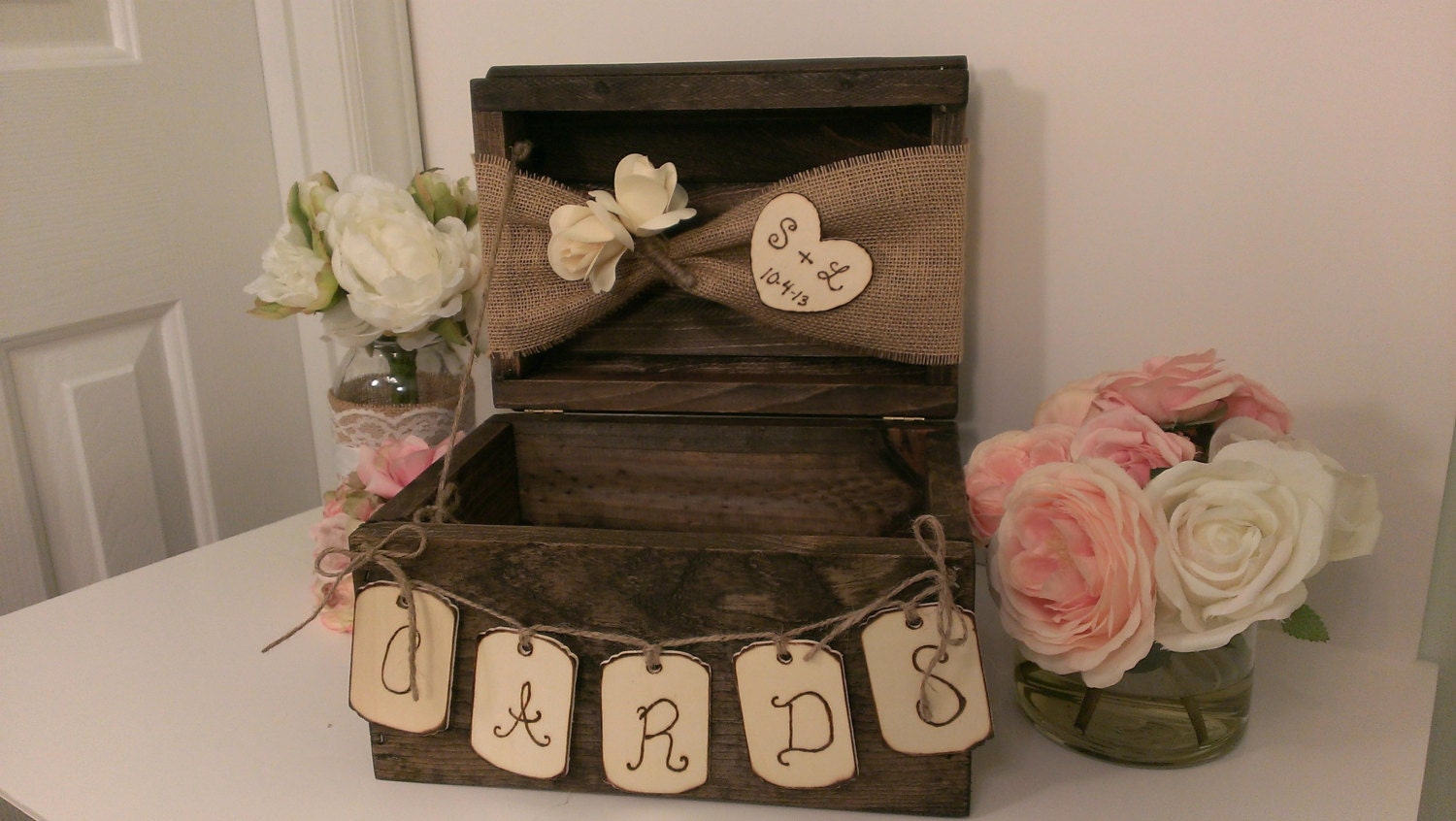 personalized rustic card box burlap wedding by RedHeartCreations