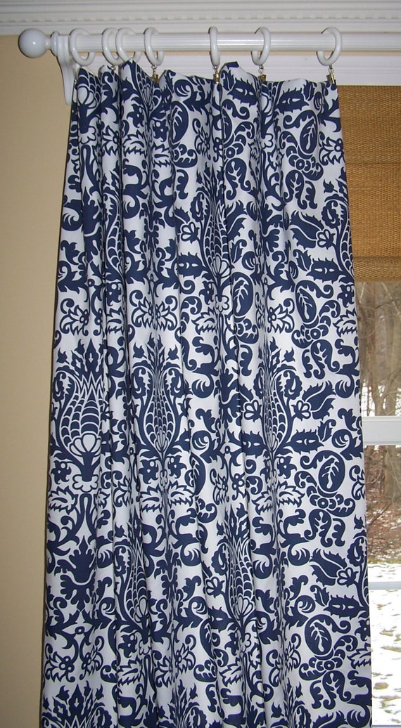 Pair Navy and White Damask Curtain Panels Two Custom Drapery