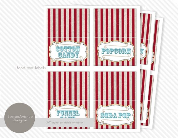 Carnival Food Labels - circus, red and white stripes, teal, black and white, labels, come one come all - you print Il_570xn