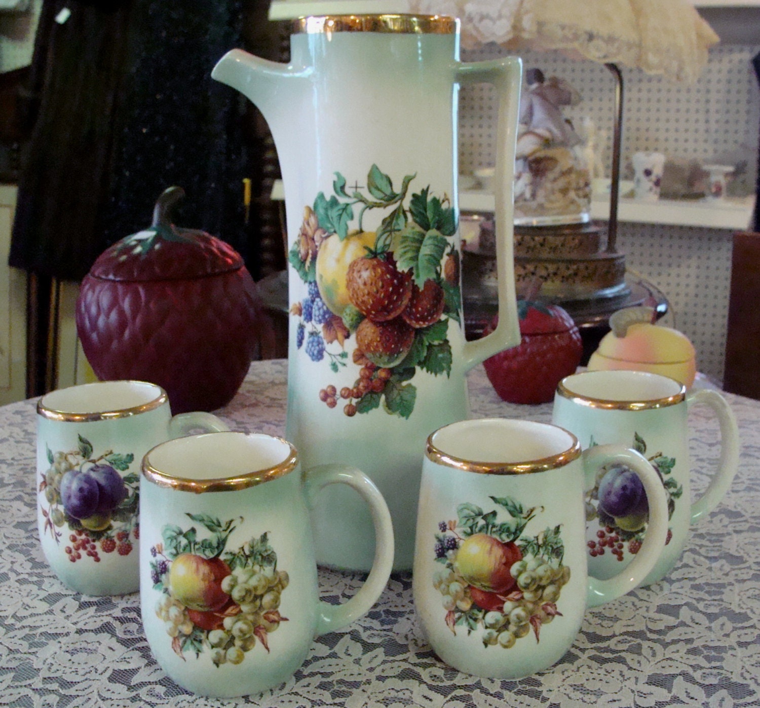 Vintage Chocolate Set Pitcher & 4 Mugs Fruit Design