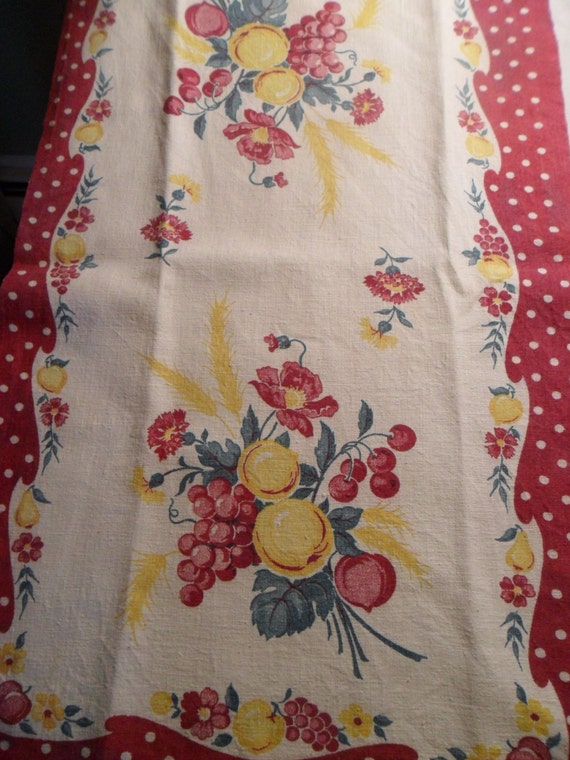 1940s Kitchen Towel Fruit Startex Mills Burgundy Red Yellow