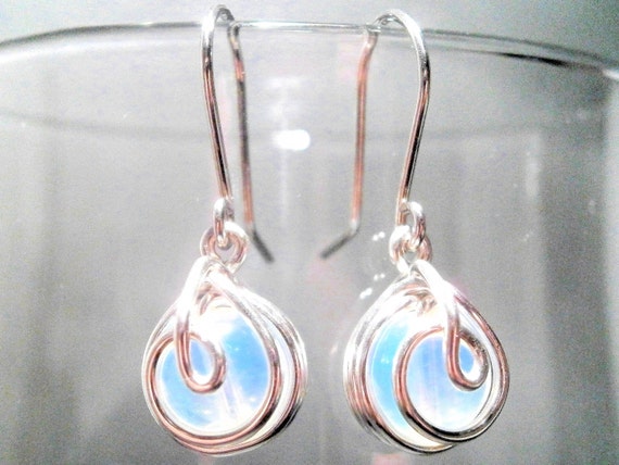 Silver Earrings Opalite Handmade Wire Wrapped Iridescent Dangle Earrings, Drop Earrings