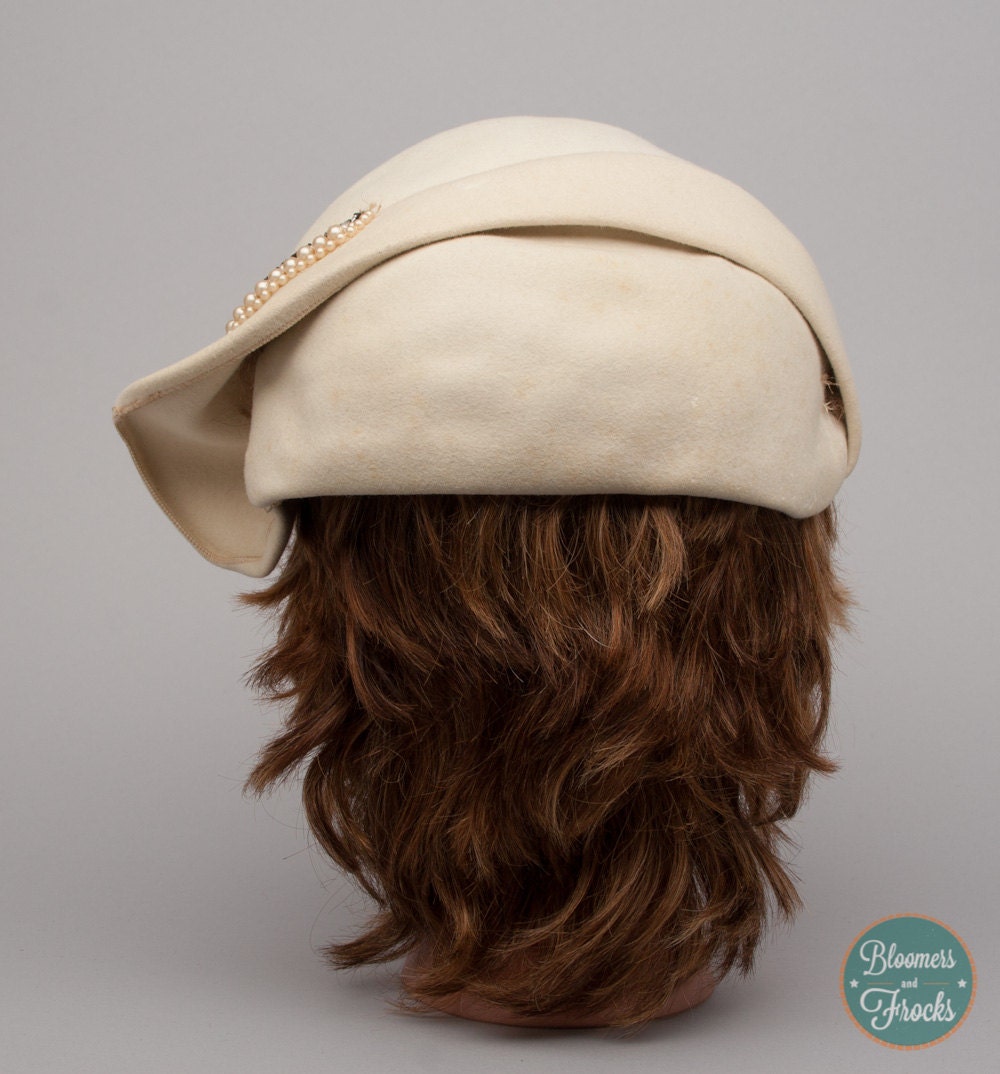 Cream Vintage Hat with Rhinestones and Faux by BloomersAndFrocks