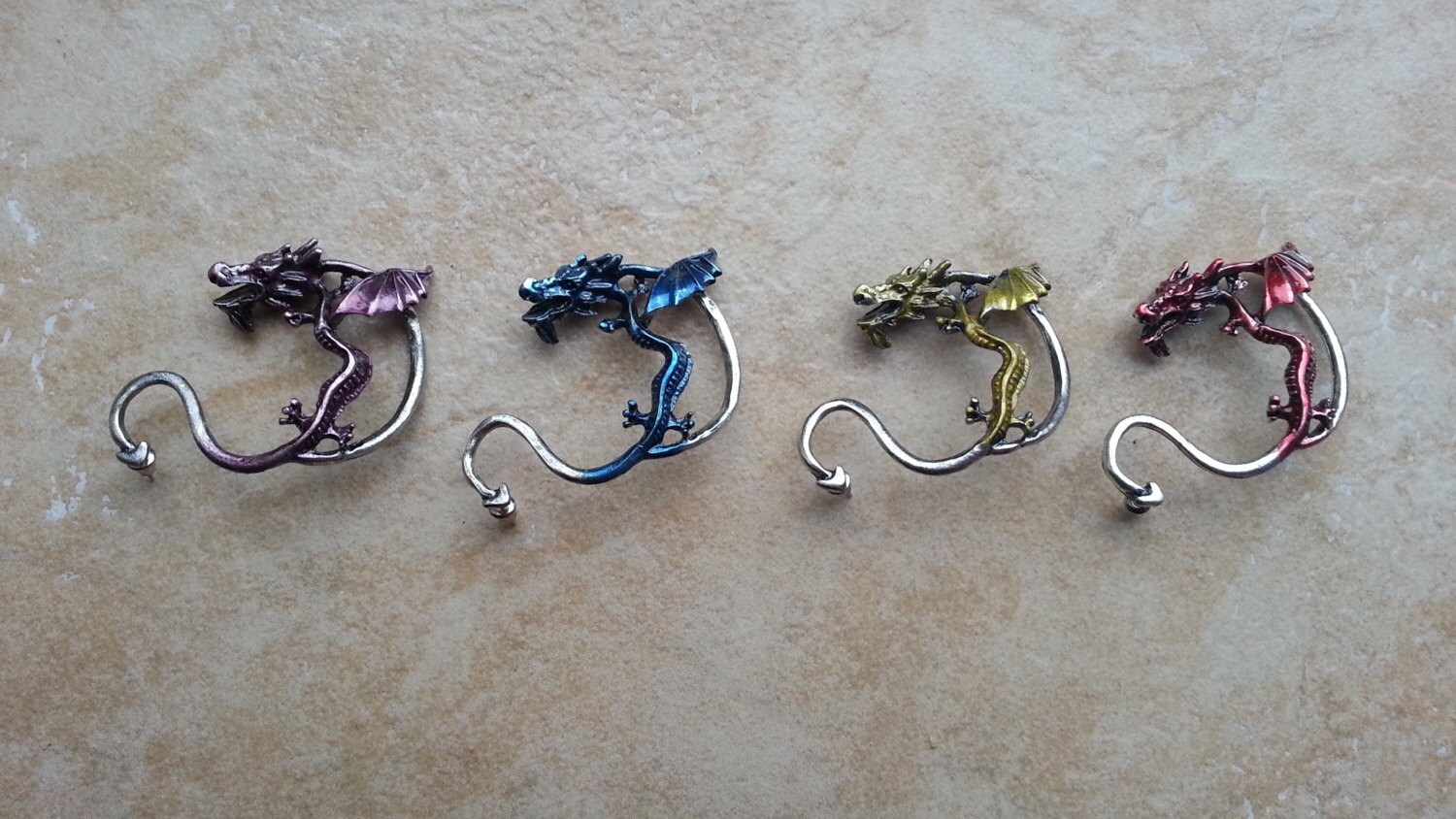 Hand painted fiery dragon ear cuff metallic purple blue green