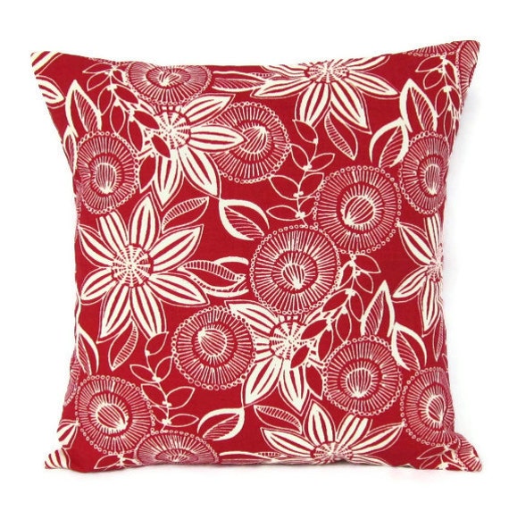 18x18 Throw Pillow Cover Red Natural Flower Print Retro Home