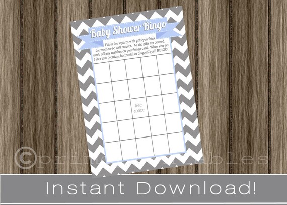 Baby Shower Bingo Game Cards gray chevron and light blue INSTANT DOWNLOAD diy digital printable file print your own , babyshower idea Il_570xn