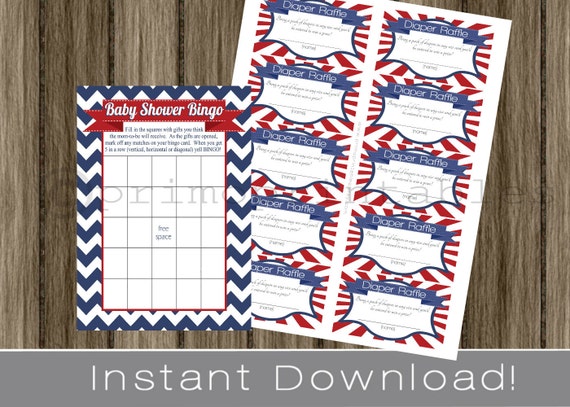 4th of July theme Baby Shower Bingo Game Cards, Diaper Raffle Tickets navy blue chevron and red INSTANT DOWNLOAD diy digital printable file Il_570xn