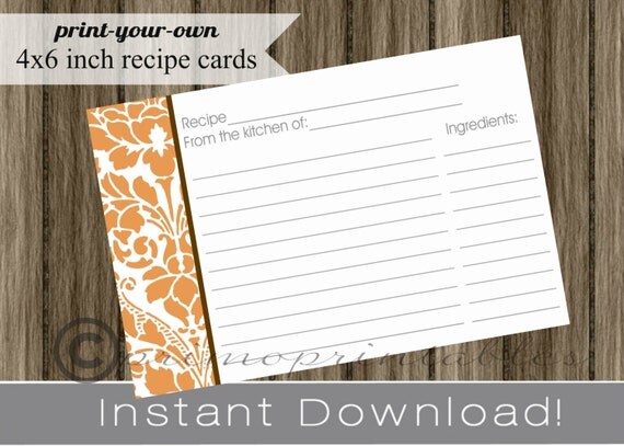 Printable Recipe Cards DIY orange and white damask with brown INSTANT DOWNLOAD digital Print Your Own 4x6 fall bridal shower Il_570xn