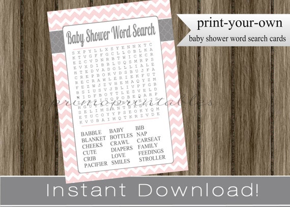 Baby Shower Word Search game cards girl pink chevron INSTANT DOWNLOAD diy printable digital file print your own , babyshower activity idea Il_570xn