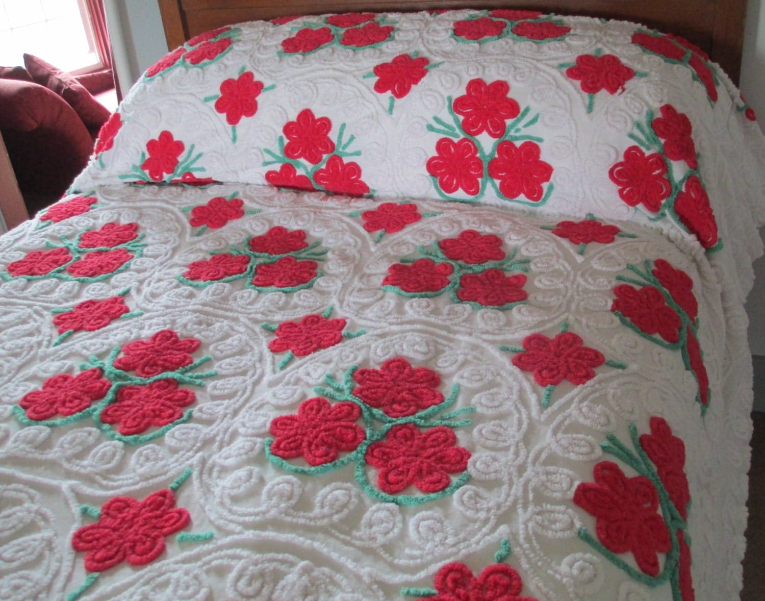 Vintage Red & White Cotton Chenille Bedspread Full Size