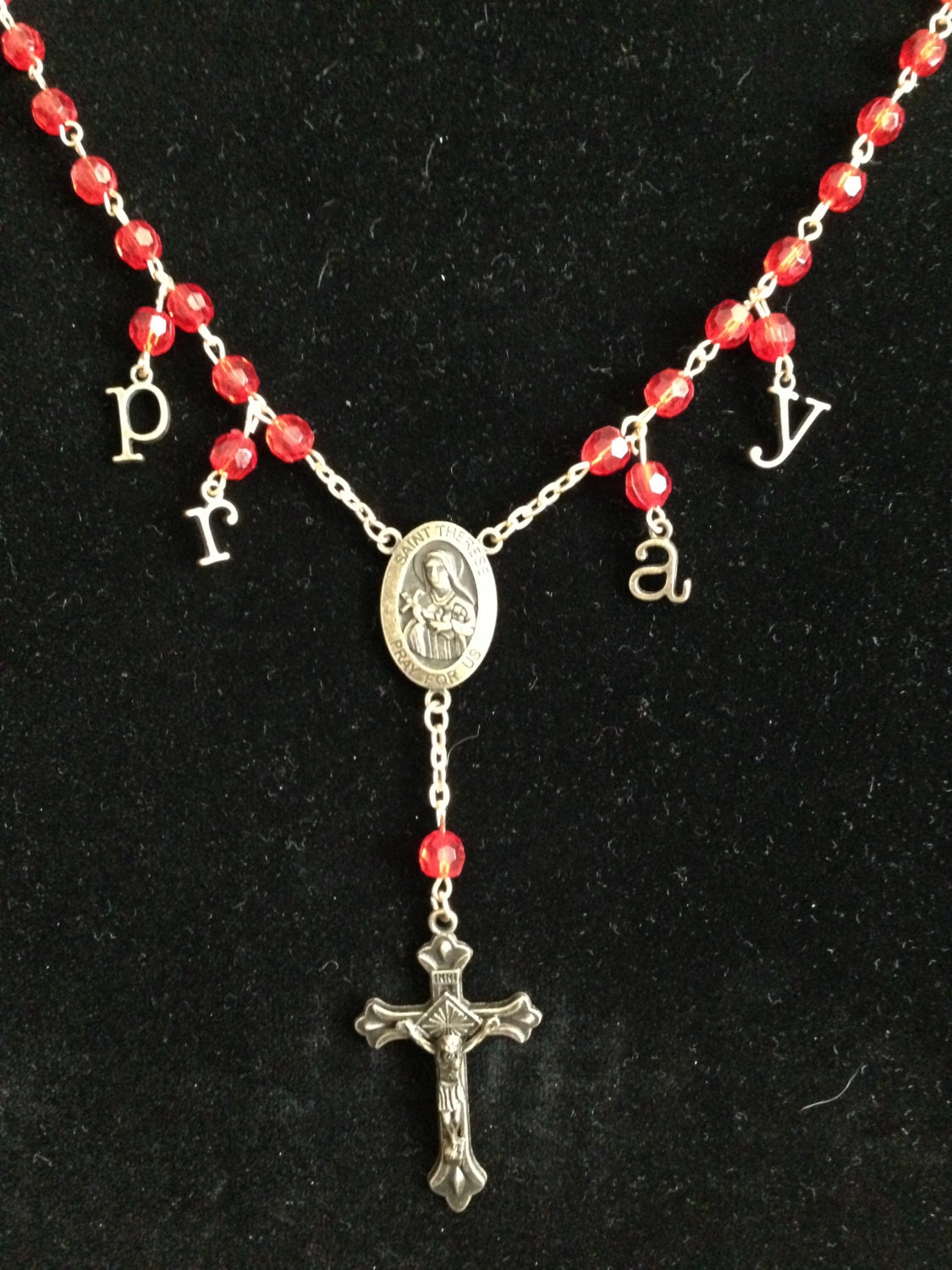 Vintage Red Bead Rosary Necklace