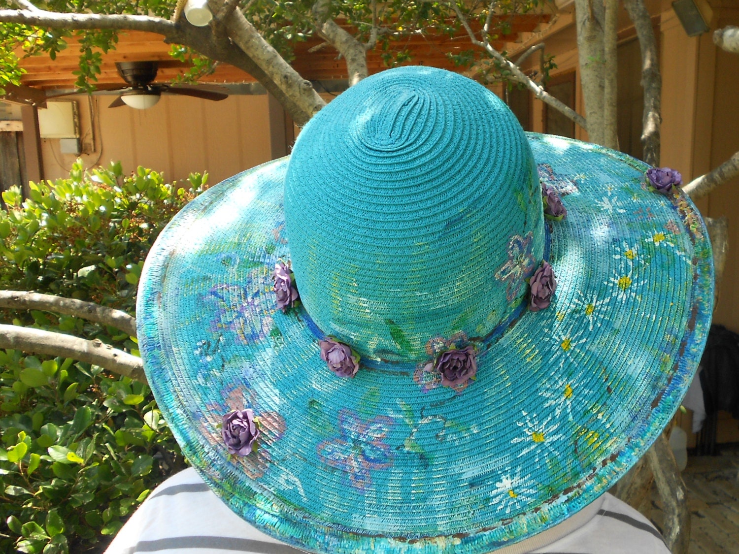 Teal Garden Hand Painted Hat Teal Purple by RoseManorGiftsandArt