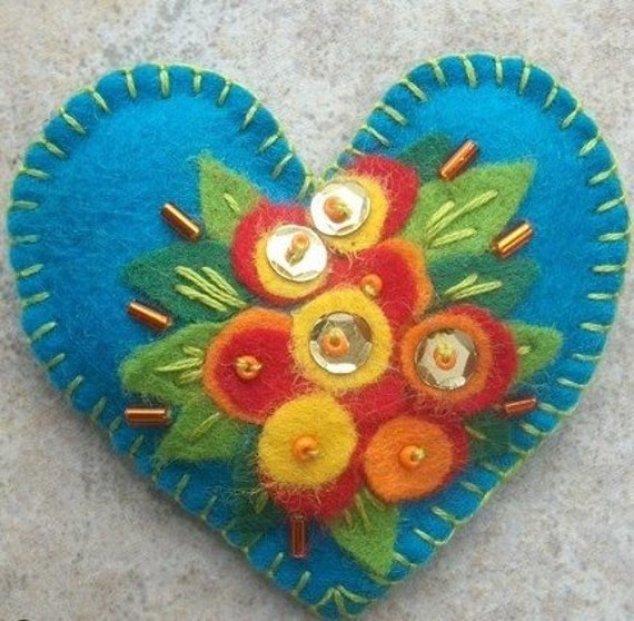 Items similar to Valentine's Day- Beaded Felt Heart Brooch Embroidered ...