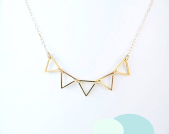 Bunting necklace. Gold triangle necklace. Gold filled necklace. Gold triangles pendant. Geometric necklace. Bridesmaids gift.