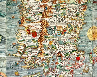 Old Vintage Map of Norway Sweden Scandinavia Antique Norwegen 1529 Olaus Magnus' detailed map of Scandinavia