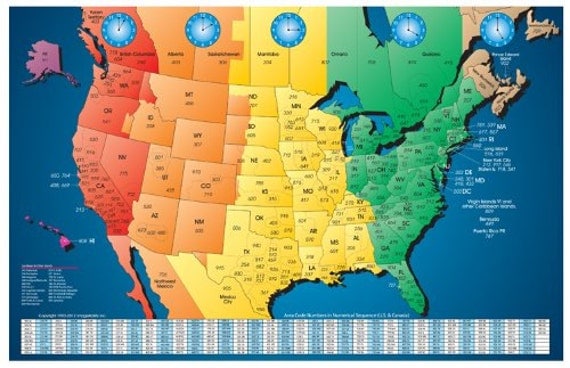 Map United States Time Zones Area Codes North America Laminated Gloss Full Color Time Zone Area Code Map incudes Reverse Lookup Desk Size