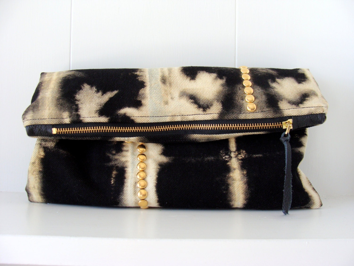 Studded Clutch Tie Dyed Black Denim Clutch Large Clutch